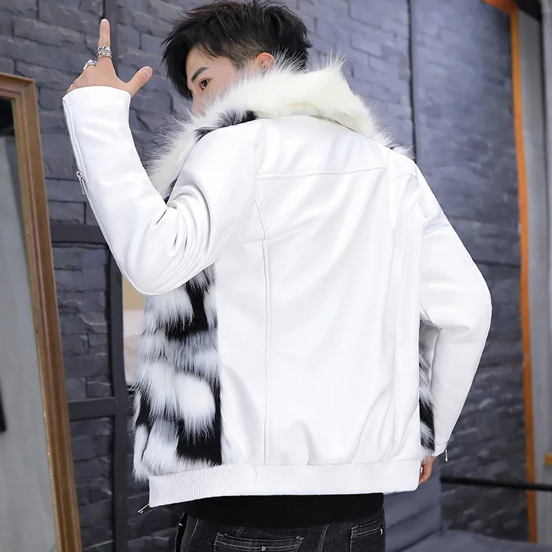 2024 Men\'s Faux Fur Leather Coat Youth Handsome Autumn and Winter Warm Faux Mink Jacket