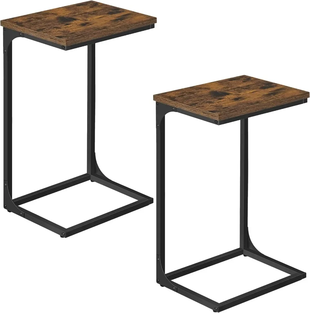 

C-Shaped , Set of 2, Side, Couch Table with Metal Frame, Small TV Tray Table for Living Room, Bedroom, Rustic Brown and Black