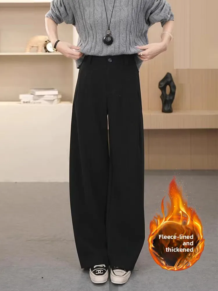 

Женские утепленные шерстяные брюки с высокой талией, широкими штанинами, на флисовой подкладке, повседневные, свободного кроя, термо, зимние, новые, универсальные, стройнящие