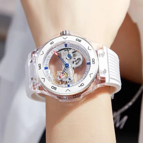 

HANBORO Women Automatic Watch 41.5mm Ladies Mechanical Wristwatch 50m Waterproof Acrylic Case Ceramic Bezel Skeleton Dial