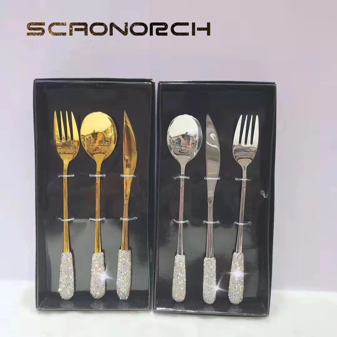 

Luxury Spoon Fork Knife 3pcs Set 304 Stainless Steel Cutlery Tableware Bling Diamond Flatware Dish Sparkling Dinnerware Set Gift