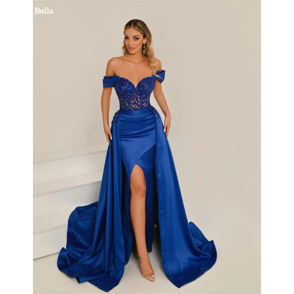 

Bella Настроить платья русалки с открытыми плечами и кружевной вышивкой по бокам, платья для выпускного вечера с высоким разрезом, вечернее платье длиной до пола