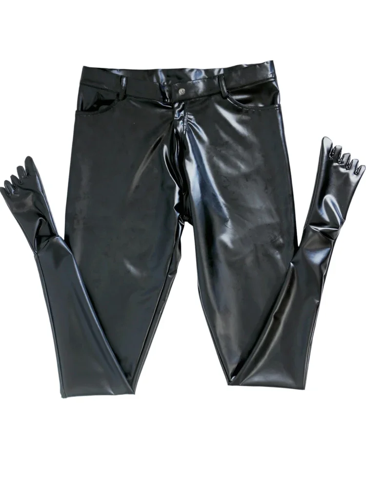 Plus Men PU Pants Separate Toes Pantyhose Faux Latex Elastic PU Leather Jeans Pants Tight Cosplay Trousers Leggings
