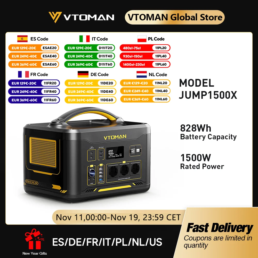 VTOMAN JUMP 1500X Portable Power Station Camping LiFePO4 Battery 828Wh 1500W AC Outlets Solar Generator For Home RV Outdoor