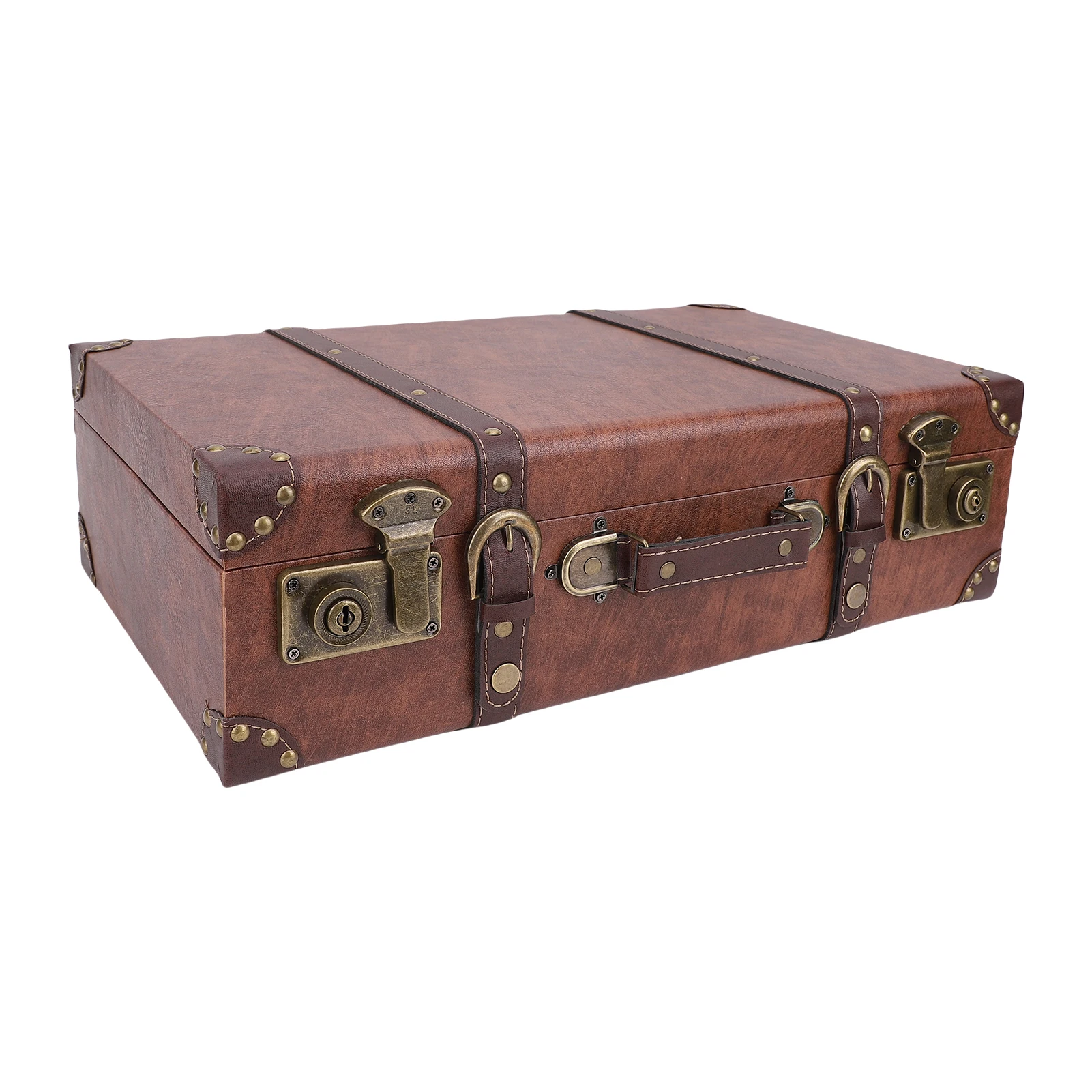 

Vintage Wooden Suitcase Rectangular Leather Handle Multifunctional Decorative Storage Chest 48x29x14cm for Photography Props