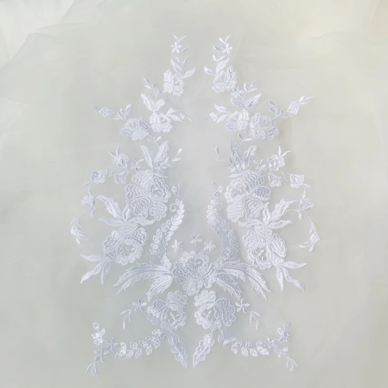 Textured Floral Patch Embroidered Mesh Mirror Face Floral Applique Medallions For Bridal Wedding Dress