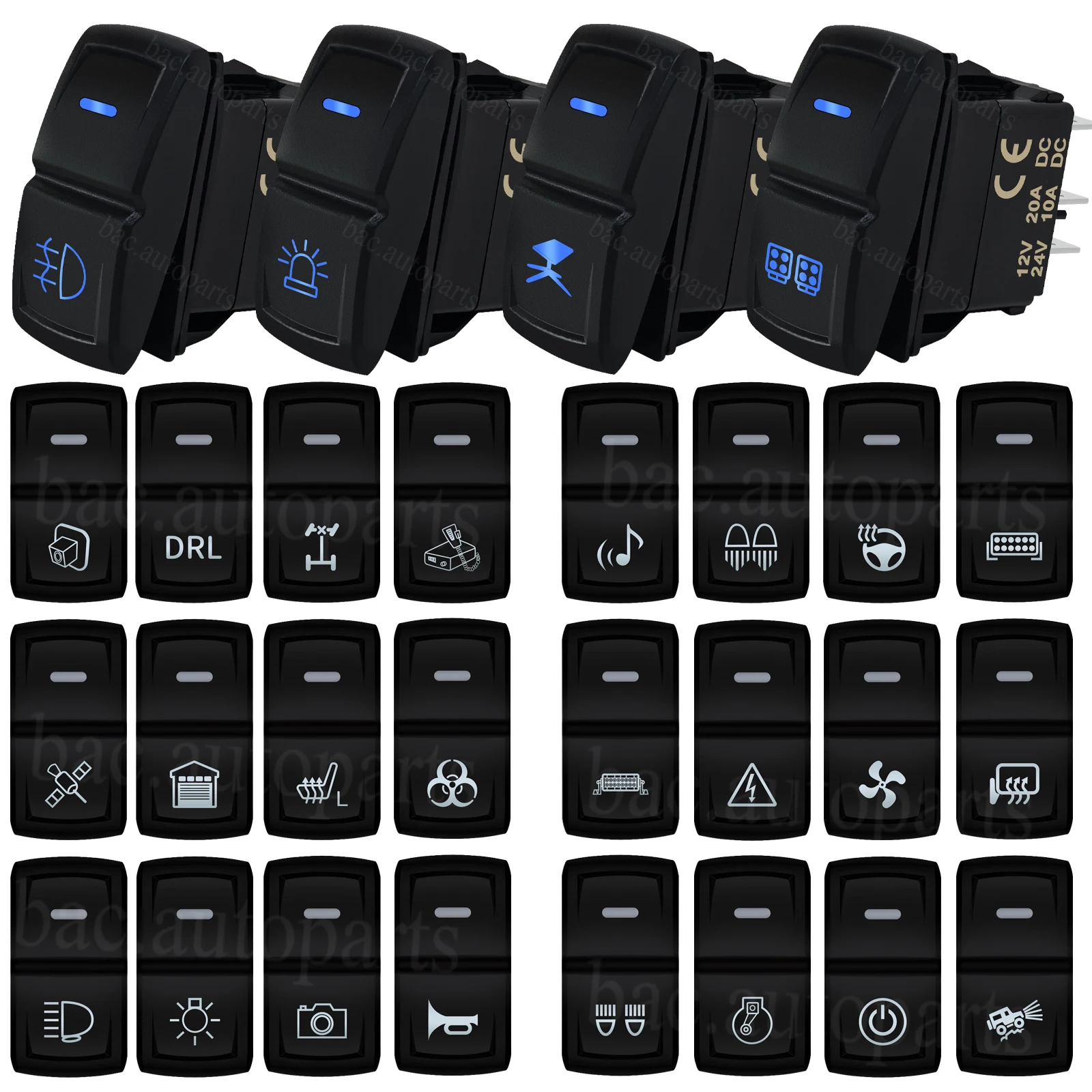 12V 24V Marine Boat Car Rocker Switch 5Pin ON OFF Momentary Waterproof Blue LED Light Bar Reverse Rear Work Lamp DRL Toggle
