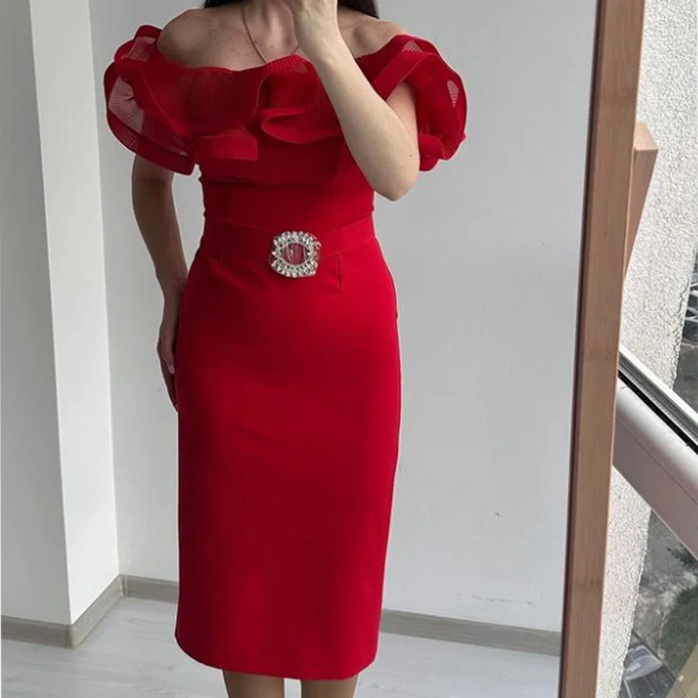 

Customized Exquisite Retro Modern Style Jersey Sash Straight Boat Neck Midi Dresses Quinceanera Dresses Classic Formal Fashion E