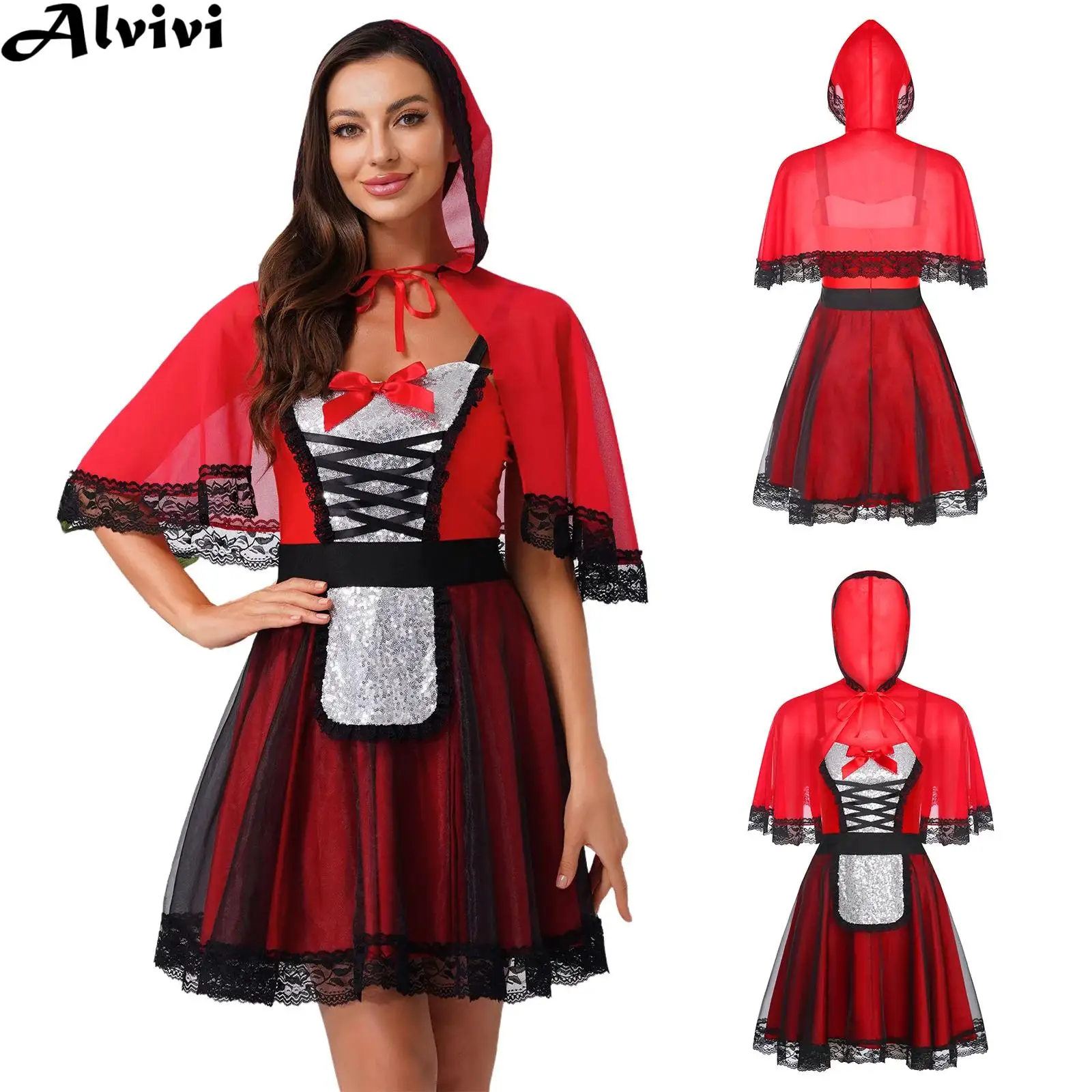 

Women Shiny Sequin Little Red Hat Cosplay Dress with Mesh Hooded Cape Halloween Bloody Bride Role Play Performance Costume