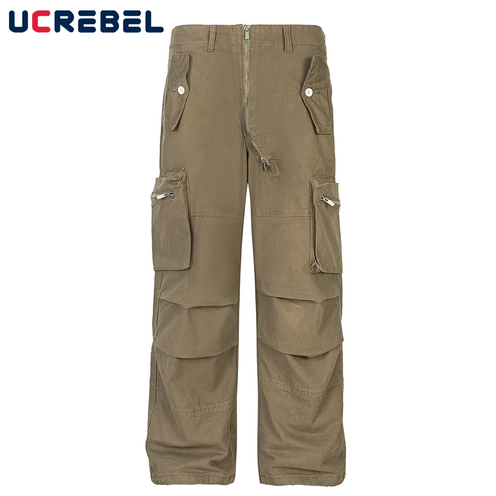 Zipper Decoration Cargo Pants Mens High Street Multi-Pocket Solid Color Elastic Waist Loose Wide leg Trousers Men