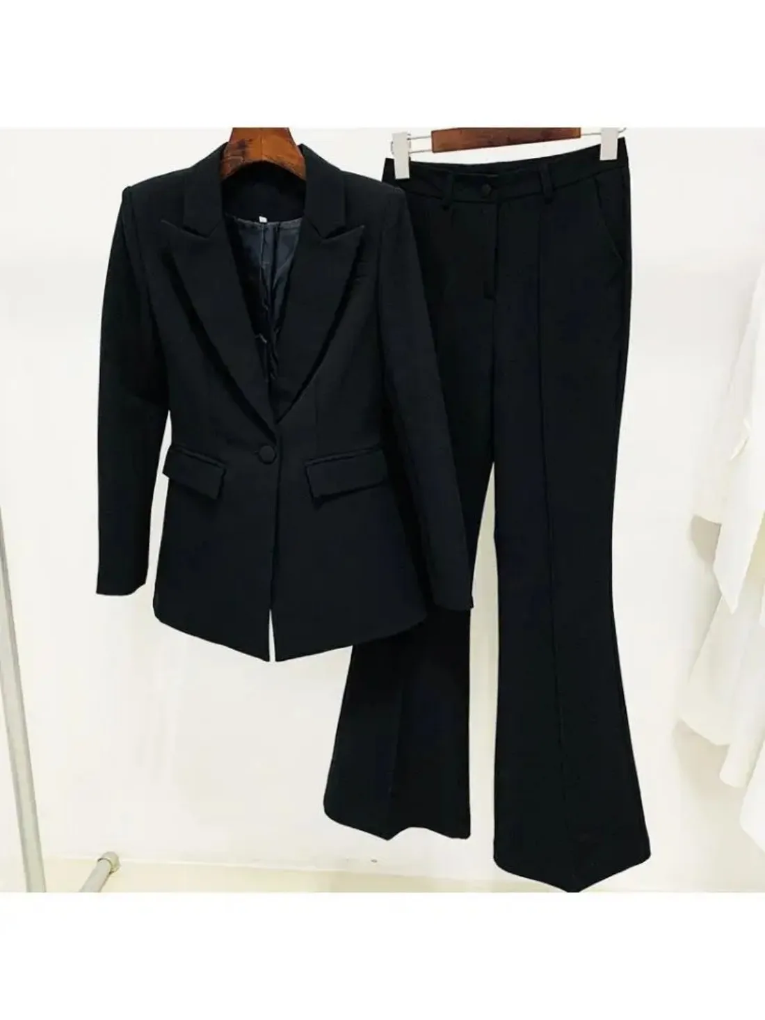Summer Fashion Business Wear Fashion Elegant One Button Suit And Flared Trousers Pants Sets For Women 2 Pieces Casual Customized