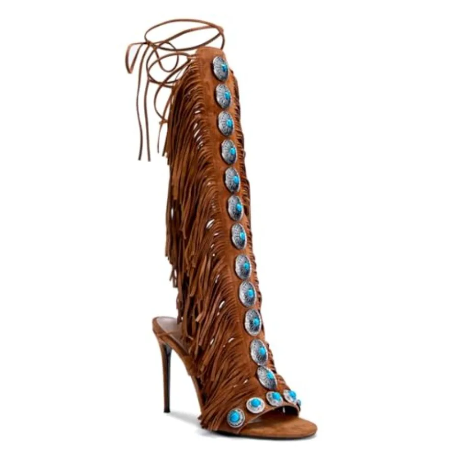 

Gladiator Sandals for Women, Knee High Gladiator Heels, Open Toe Boots for Women, Summer High Heel Sandals with Fringe Tassels