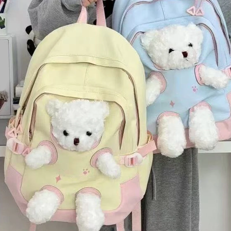 

Japanese Styles Cute Bear Backpacks For High Schoolers Nylon Fabric Spacious Interior School Bag For Students