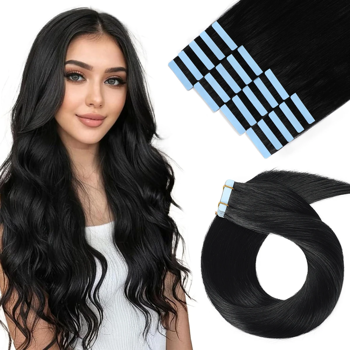 

Jet Black #1 Tape-In Hair Extensions 12-24 Inches 50g 20 Pcs Pack Human Hair Extensions Real Human Hair with Tape
