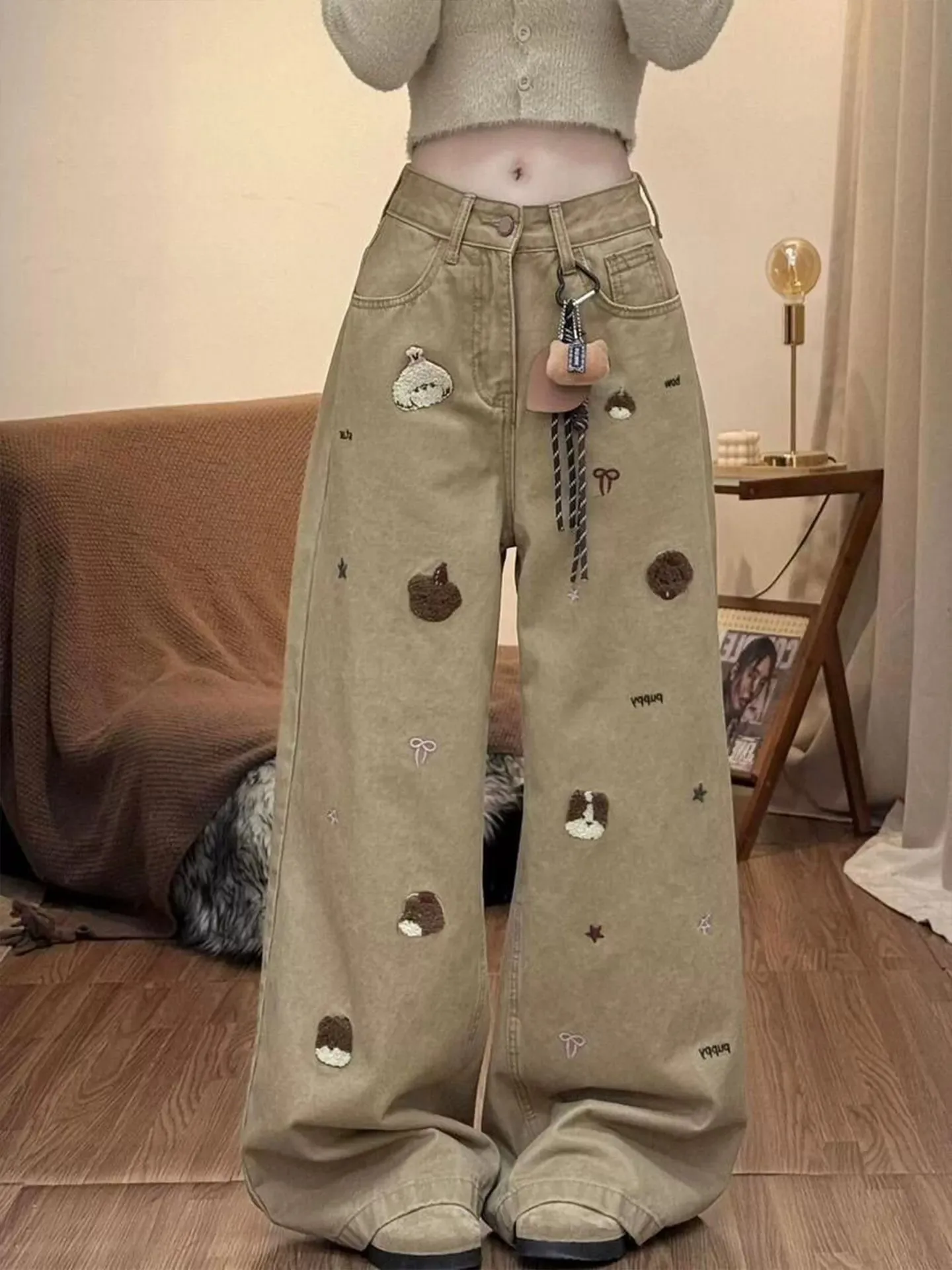 Kaki Color Embroidered Loose Women's Jeans High Waist Straight Leg Pants Casual Style Vintage Feel Comfortable Breathable