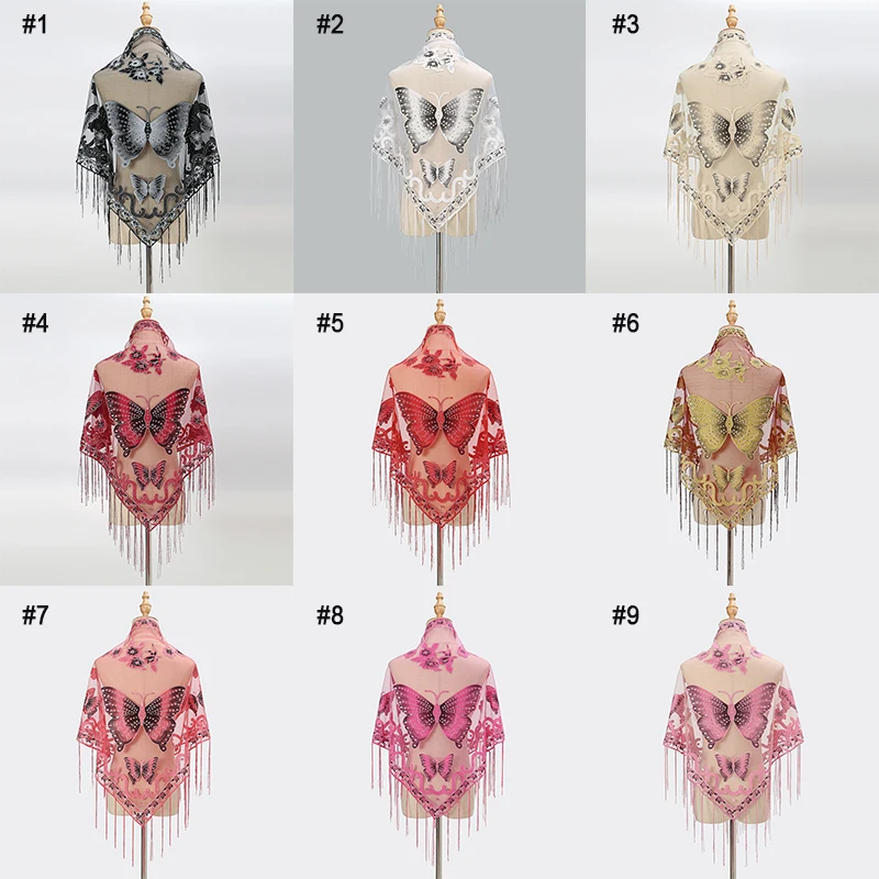 Printed Butterfly Lace Scarf Triangle Tassel Shawl Elegant Ladies Summer Solid Color Shiny Scarves Fashion Cape 150*65cm