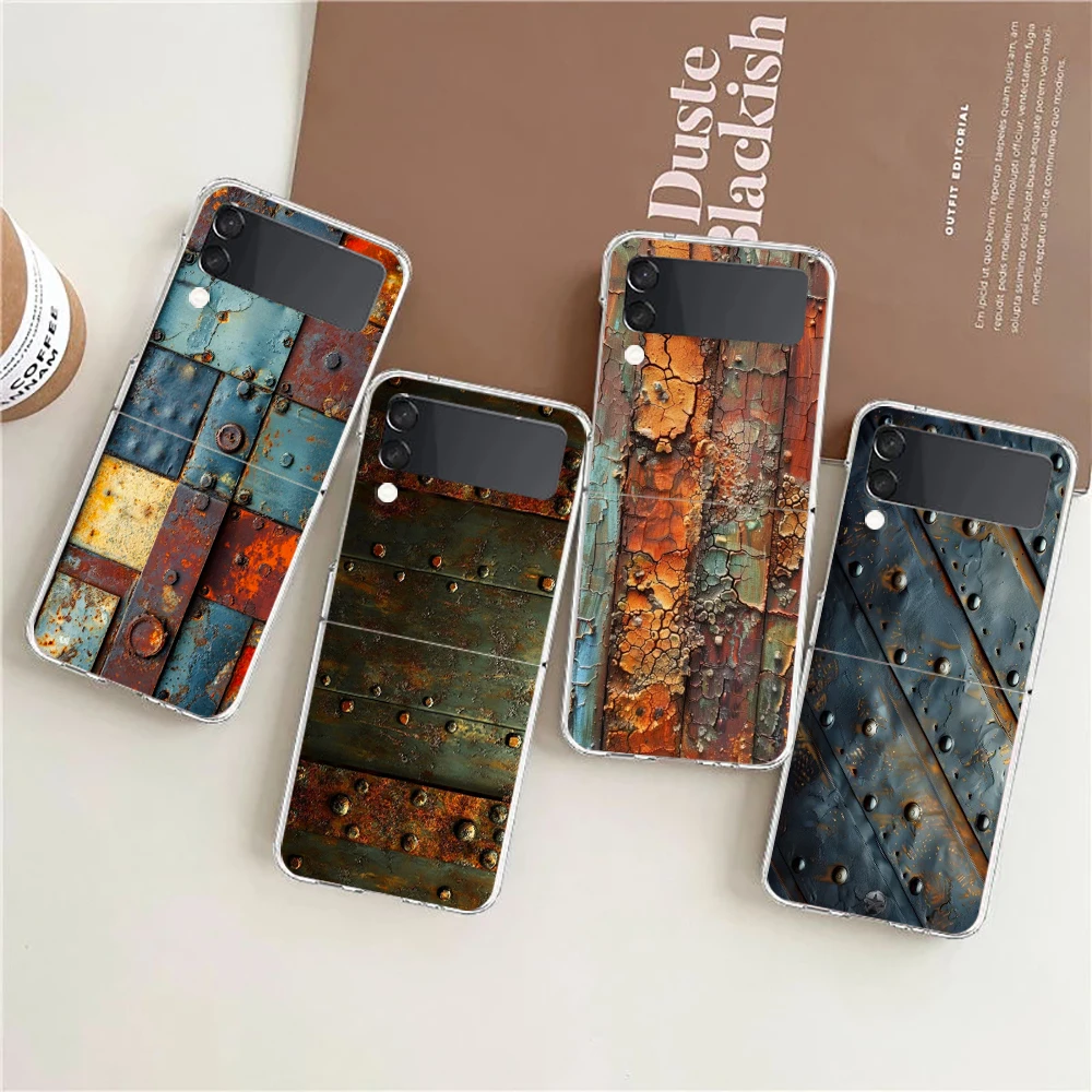 Vintage Industrial Style Rusty Pattern Phone Cover For Samsung Galaxy Z Flip 7 6 5 4 Case Transparent Z Flip 3 Hard PC Foldable