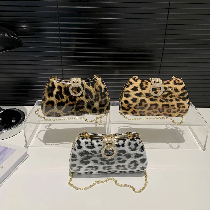 Patent Leather Leopard Shell Evening Bag Women Trend 2024 Lady's Chain Crossbody Bag Latest Point Drill Latch