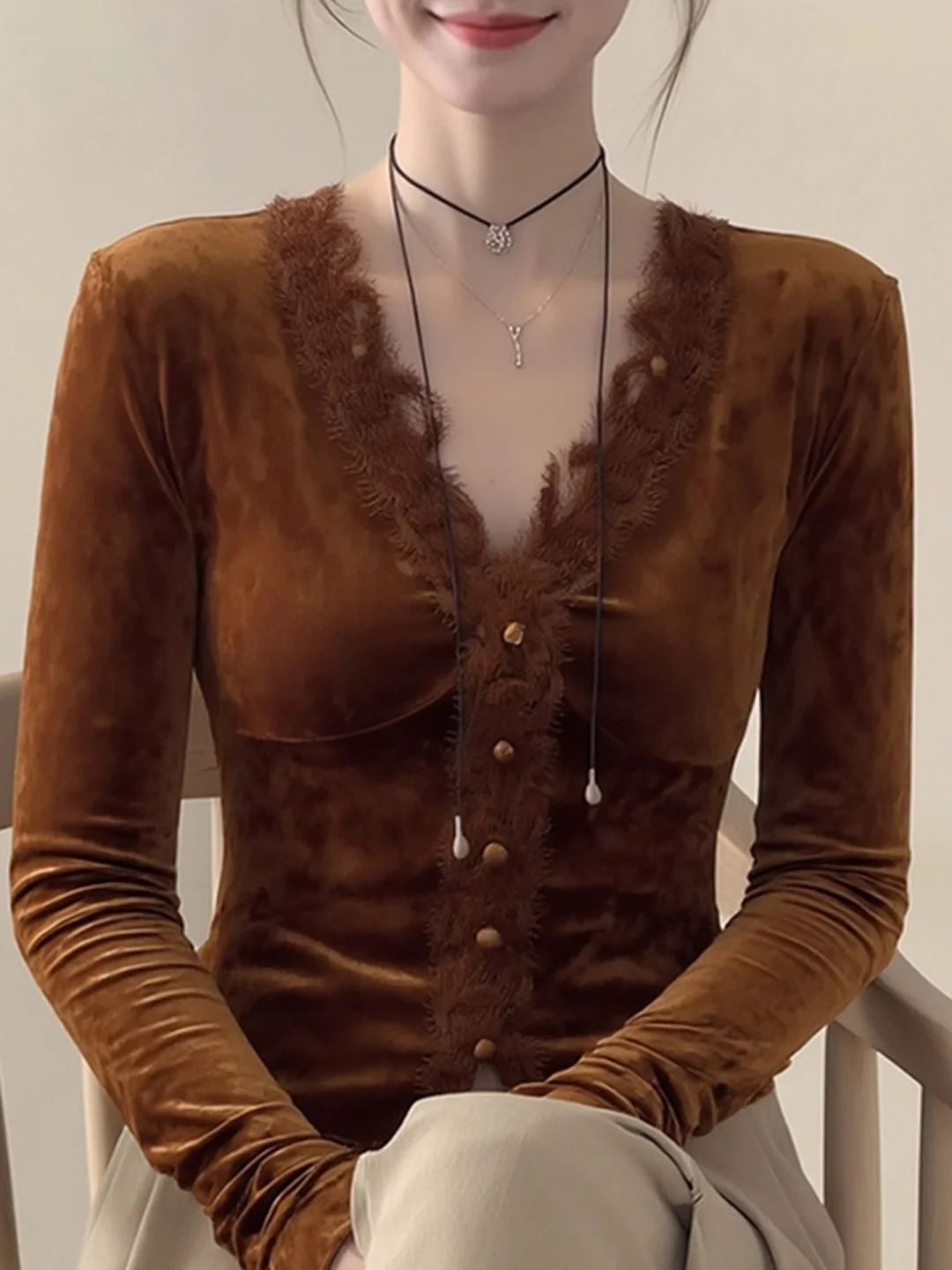 Koreaanse Sle Velvet irt dames herfst winter V-Ne kanten rand innerlijke slijtage faionable lichtgewicht luxe gevoel lang Sve B...