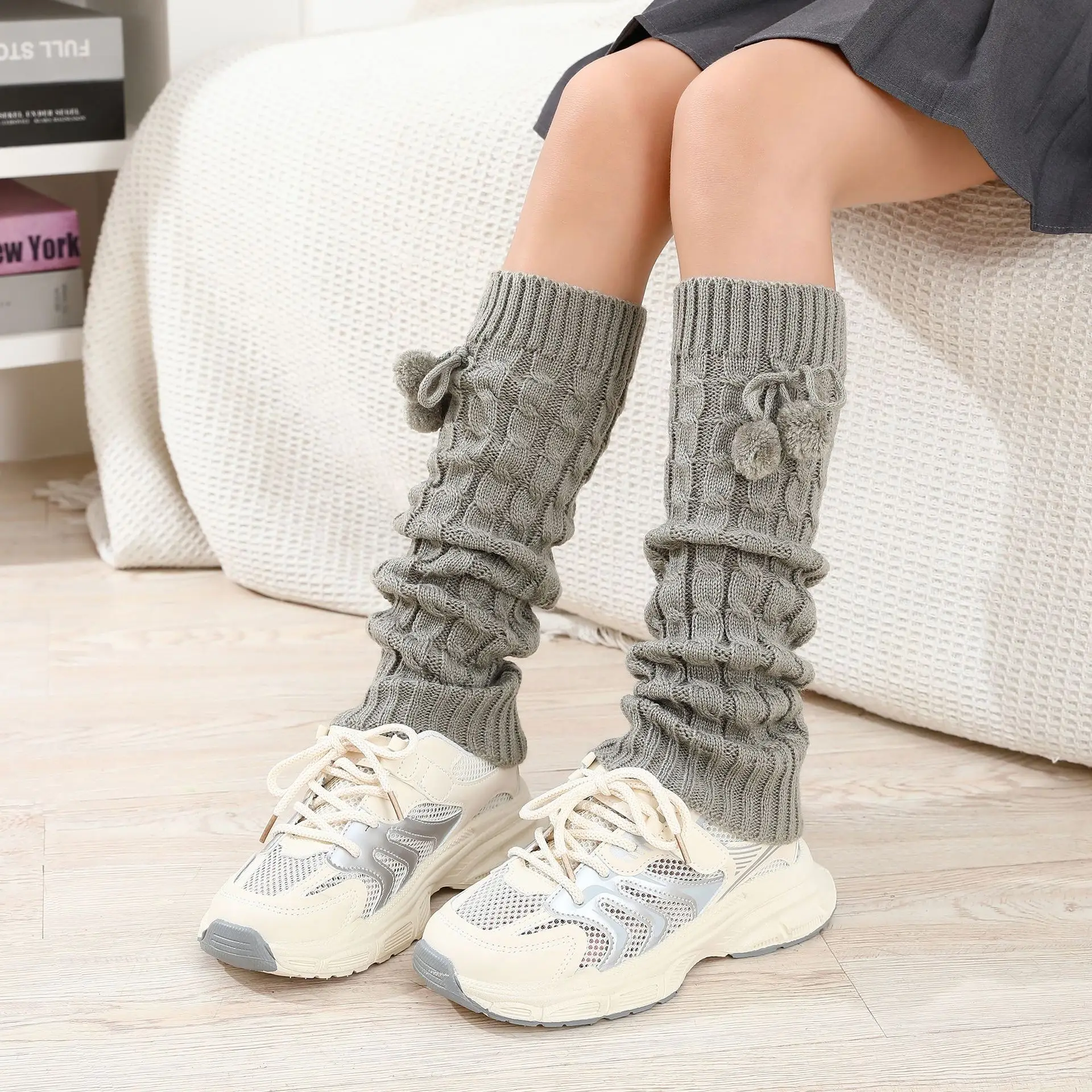 

Women's & Girls' Autumn Winter Knitted Leg Warmers - 8 Braid Pom Pom Cuff Socks, Woolen Boot Covers, Non-Slip & Warm