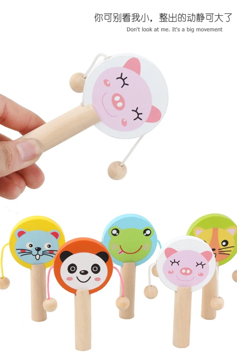 Sonajero en forma de tambor de madera de dibujos animados para niños, tablero de castañuelas para bebé, instrumento Musical, juguetes educativos tempranos para preescolar