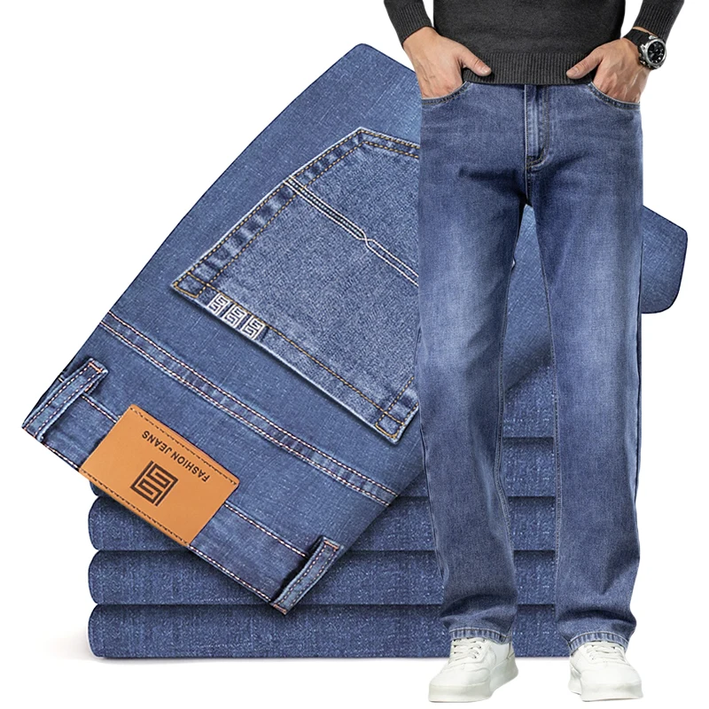 

Plus Size 40 42 44 Autumn Men's Blue Straight Loose Jeans Business Casual Cotton Stretch Denim Pants Male Brand