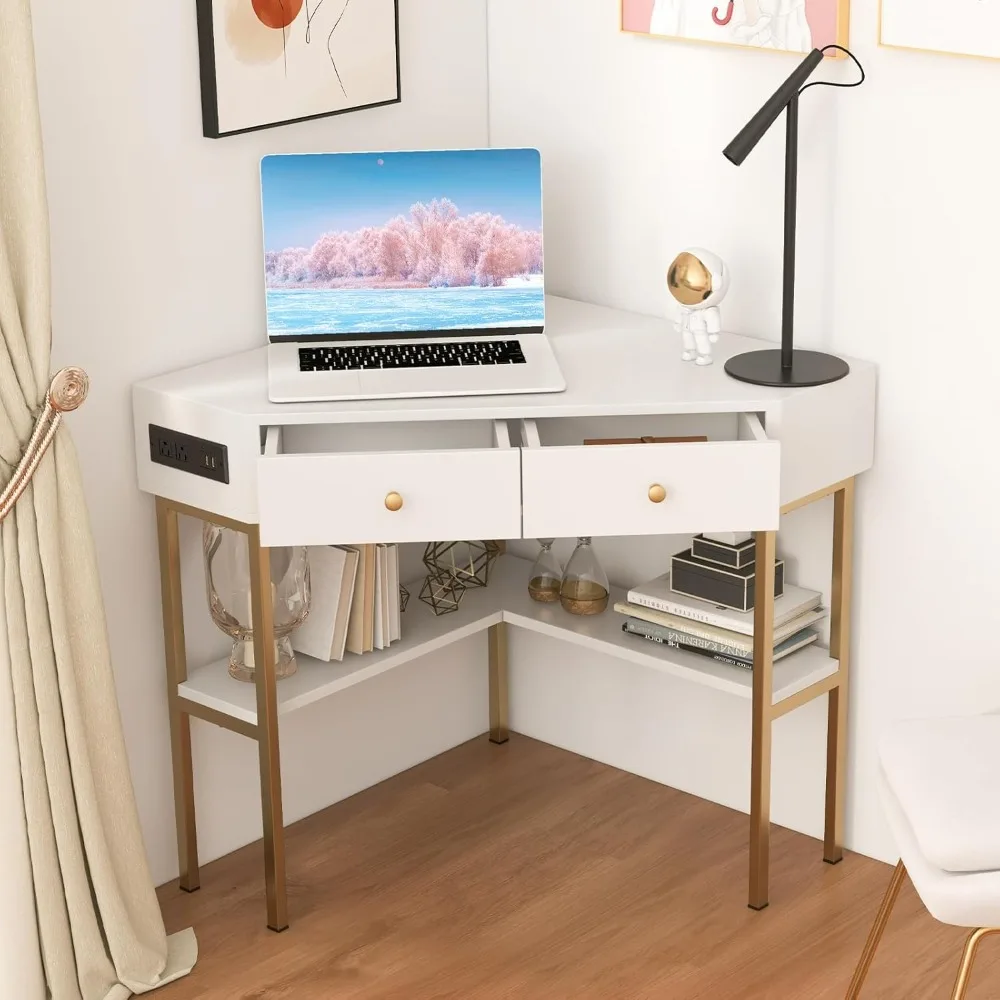 

Corner Desk with Power Outlet, 90 Degrees Triangle Desk w/Storage Shelves and Drawers, Corner Makeup Vanity Table, Corner Desks