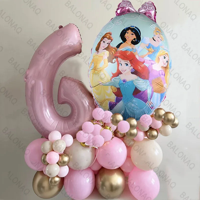 43pcs Disney Princess Cake Mermaid Cinderella Foil Balloons Birthday Party Decorations 32inch Pink Number Helium Balls Kid Toy