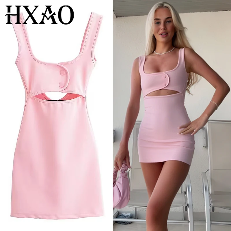 Hxao feminino vestidos curtos recorte quadrado pescoço alça larga mini vestido moda doce casual magro vestidos de festa verão vestido feminino