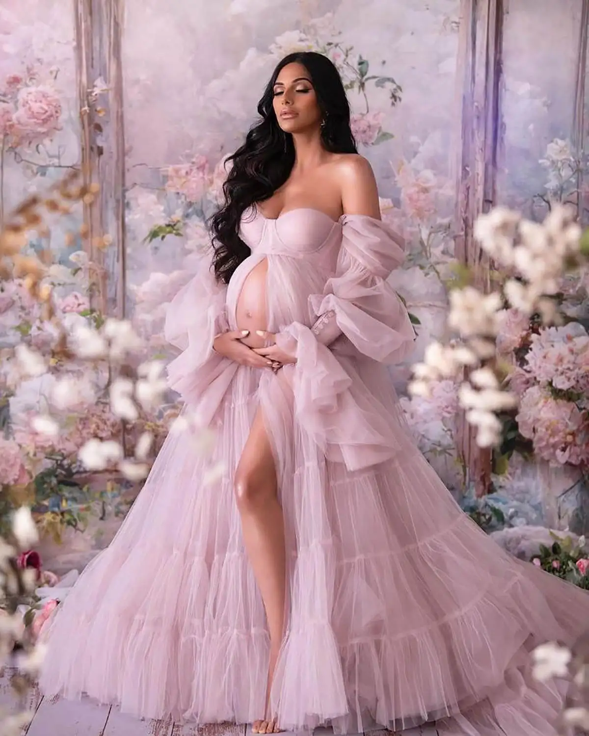 Elegant Maternity Star Dresses Sexy Sweetheart Gowns for Photoshoot Baby Shower Custom Made Ruffle Tulle Lace Bathrobes R638