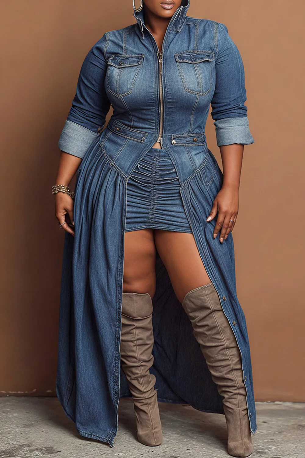 Giacca di Jeans Casual con Zip, Collo Alto, Maniche Lunghe e Spacco, Taglie Forti, Blu, per Festival