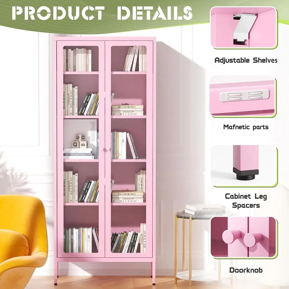 Pink Tall Glass Display Cabinet with 4 Adjustable Shelves for Home Office, Living Room, Pantry