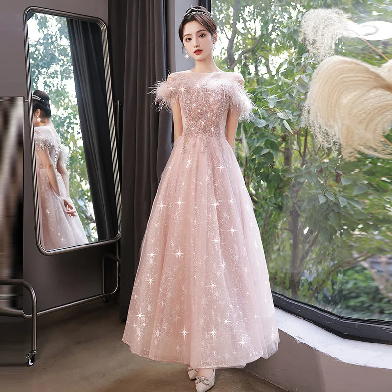 

Luxury Evening Dress New Elegant Sweet Women's Wedding Ceremony Party Dress Feathers Appliques Tulle Starry Princess Robe Soiree