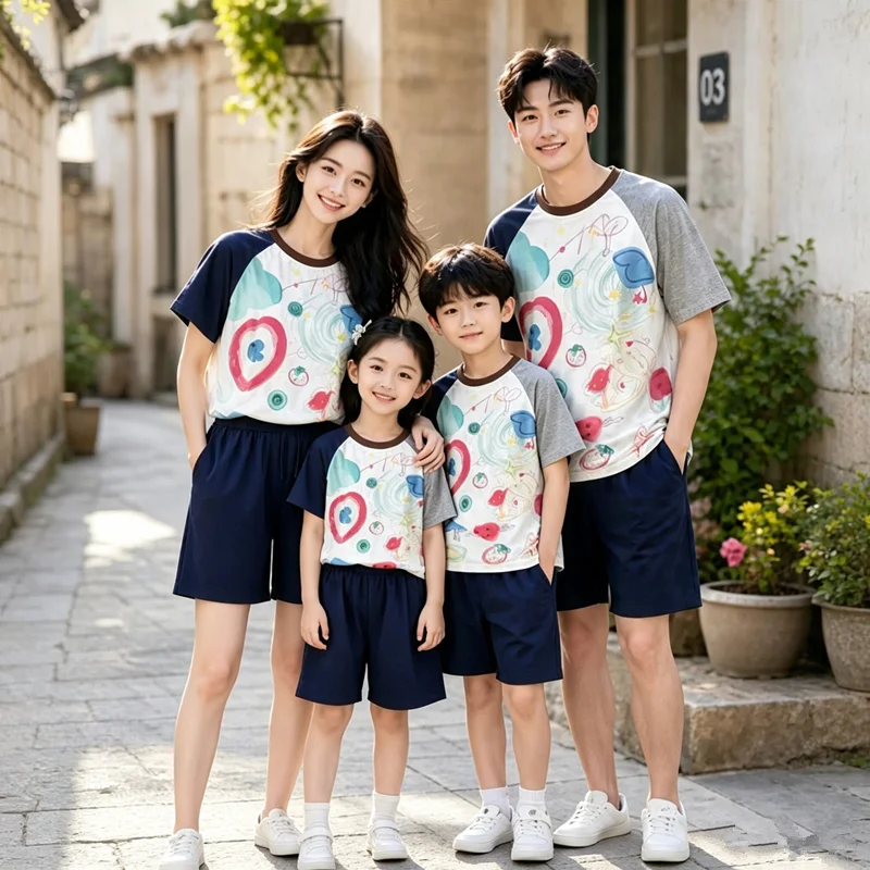Summer Family Matching T Shirts Graffiti Print Raglan Tee Mommy and Me Outfit Casual Short Sleeve Top for Mom Dad Daughter Son
