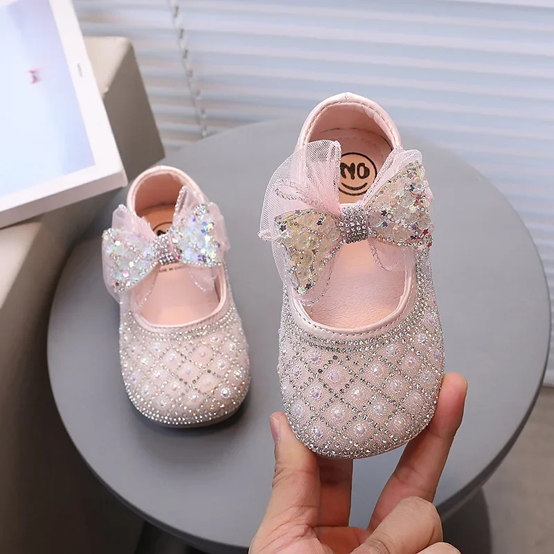 Kids Princess Shoes with Mesh Bow Girls Flat Shoes with Shining Rhinestones 2024 New Fashion Children Leather Shoes Soft Sole