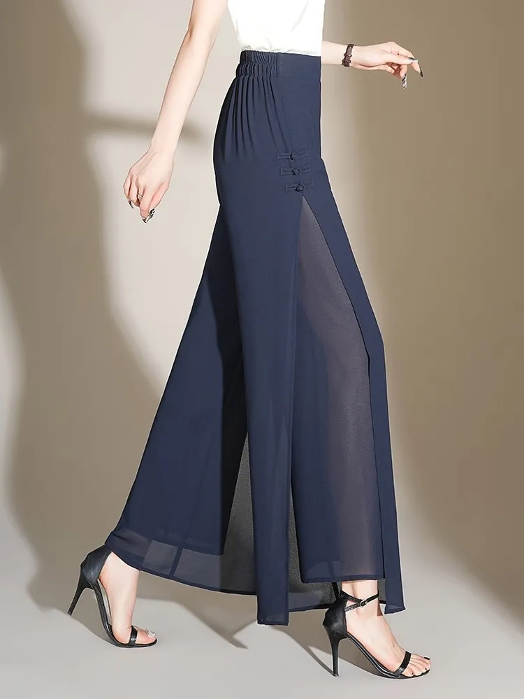 ZUZK Slit Chiffon Long Pants Summer Comfortable Elastic Waist Slim Double Layer Chiffon Pants Chic Droop Chinese Style Pants