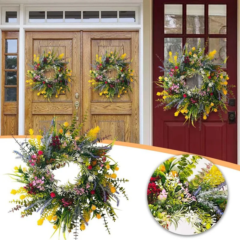 1 Piece Weatherproof Greenery All Seasons Round Wreaths 18In Outside Welcome Summer Flowers