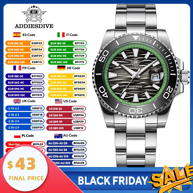 ADDIESDIVE 日本製クォーツ AD2514 ダイブウォッチ 200M 防水セラミックベゼル BGW9 夜光ダイヤル 316L ステンレス鋼男性用