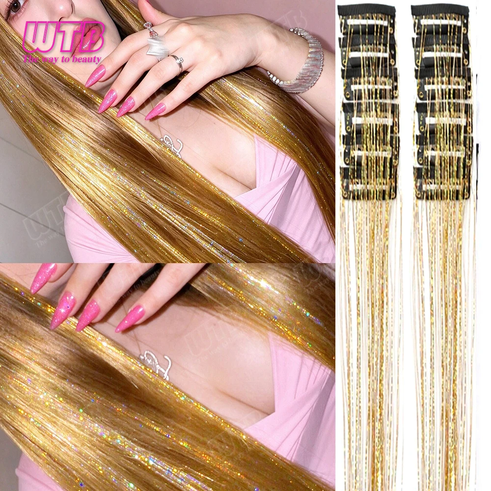 Synthetic 12pcs/Pack Fashion Shiny Gold Foil Tassel Hair Clips Straight Hair Extensions, Suitable For Daily Party Hair Christmas