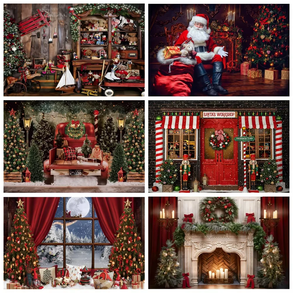 

Christmas Backdrop Old Brick Fireplace Christmas Tree Gifts Teddy Bear Navidad Decoration Kids Portrait Photography Background