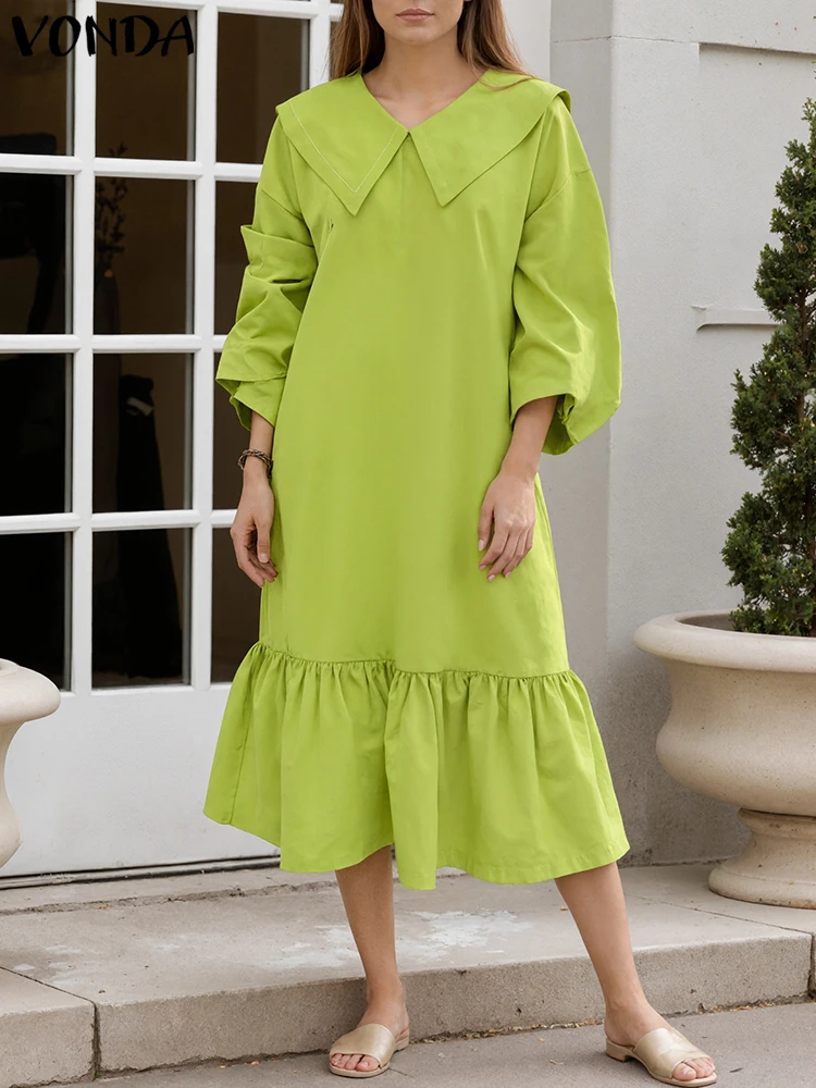 

2025 VONDA Women Long Sleeve Dresses Peter Pan Collar Ruffled Midi Sundress Autumn Solid Color Casual Loose Oversized Vestidos