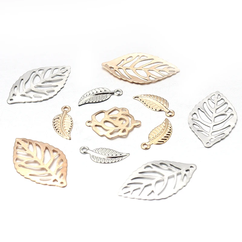 50 Pcs/lot Iron Hollow Tree Leaf Crafts Ornaments Gold Rhodium Decorative Leaves Metal Crafts for DIY Jewelry Making Wholesale