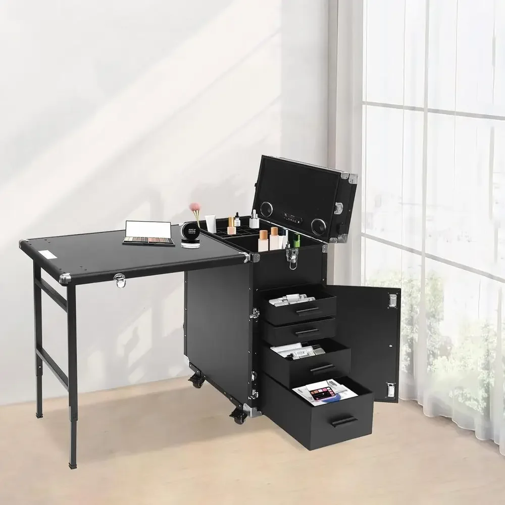 Portable Makeup Trolley with Folding Nail Table, 4 Drawers, Mirror & Speaker for Stylists, Groomers, and Technicians