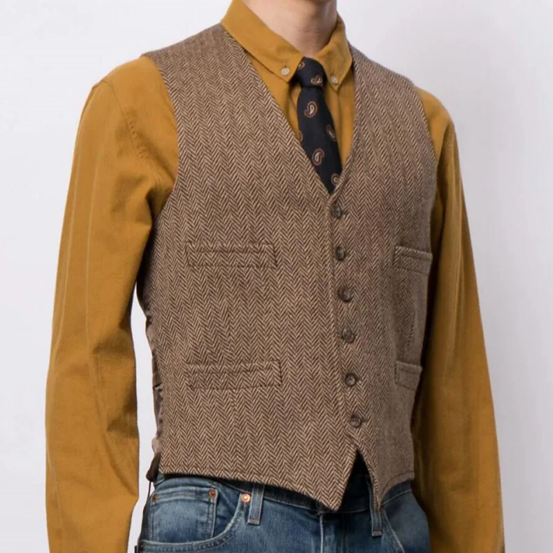 Men Vest Brown Herringbone Solid Single Button Waistcoat For Wedding Casual Business Banquet Work Set Men Suit Vest