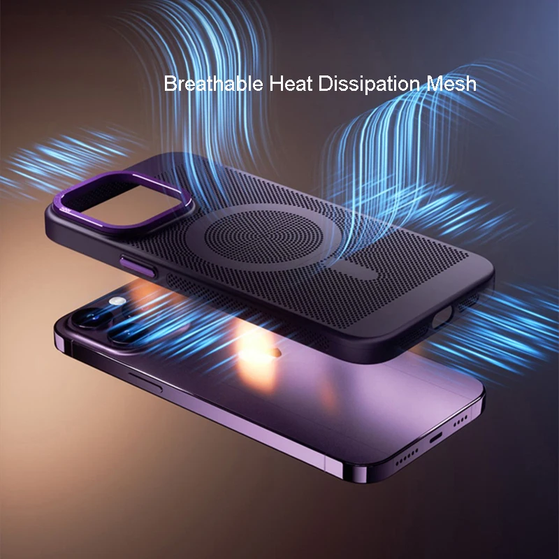 Heat Dissipation Magsafe Magnetic Case For iPhone 14 15 Plus 13 12 11 Pro Max Metal Lens Frame Matte Breathable Grid Hard Cover image 3