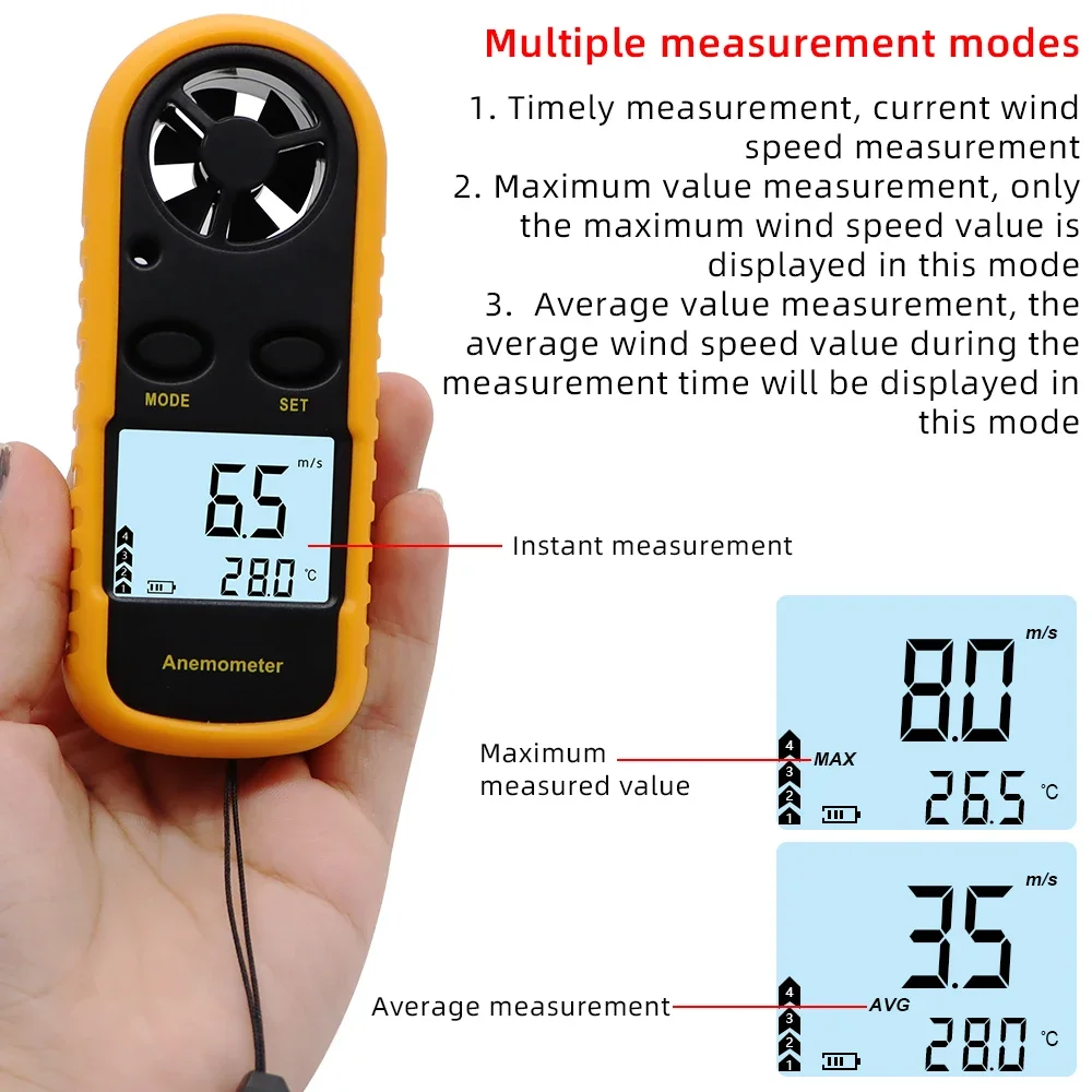 GM816 Digital Anemometer LCD Mini Wind Meter Wind Speed 30m/s Pocket Wind Speed Gauge Meter Temperature Measure Data Hold