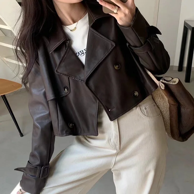 2024 Women Vegan Leather Trench Coat Lady Crop Jackets Female Street Leather Coat QX5997