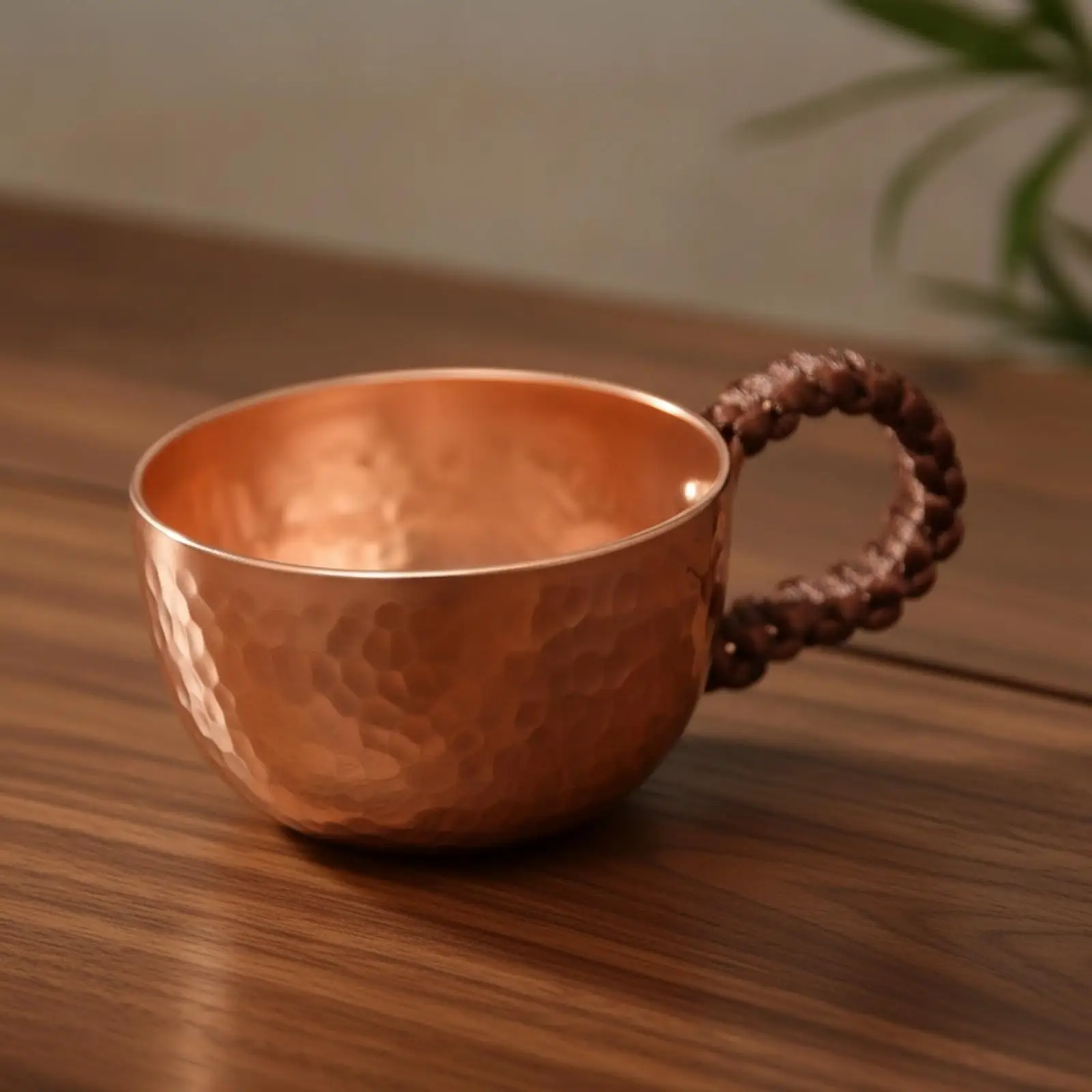 Handcrafted Copper Beverage Vessel with Handle Thickened Material Hammered Exterior Interior for Tea Coffee Entertaining and