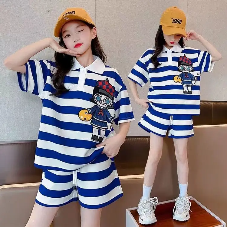 

Girls Summer Striped Turn-down Collar Cotton Tees+Shorts Pants 2pcs Sports Suits 4-13 Years Kids Cute Casual Streetwears Clothes