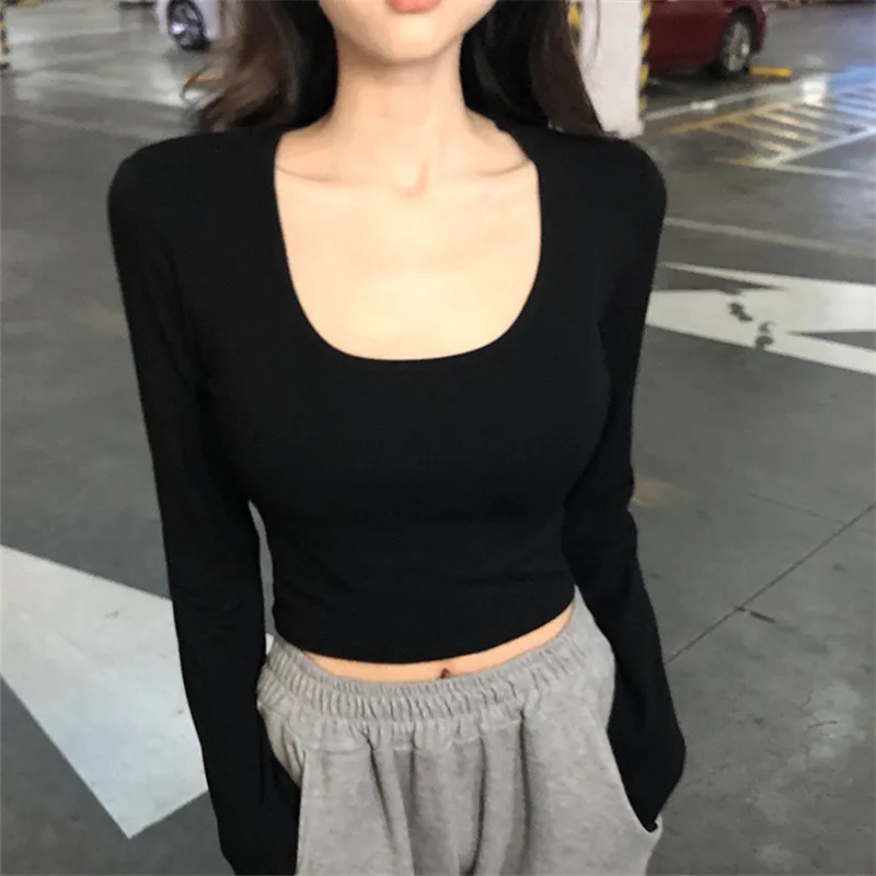 Korean Fashion U-neck Winter Crop Tops Women Sexy Kpop Long Sleeve T-shirts Slim Y2K Vintage Tees  Cheap Clothes Woman Tshirts